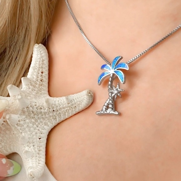 🏝️ 18” OPAL INLAY PALM TREE PENDANT on STAINLESS STEEL BOX CHAIN BEACH NECKLACE - Picture 3 of 4